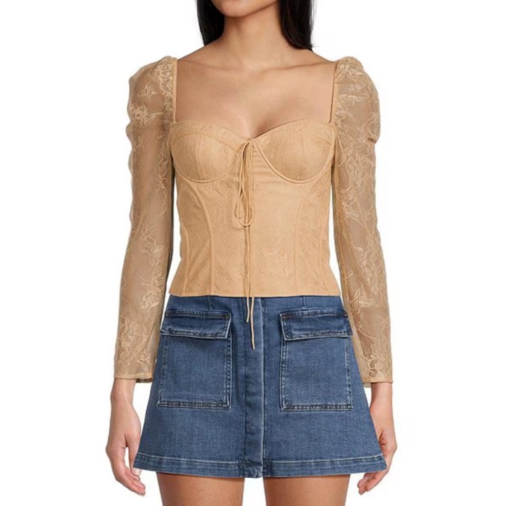 Chelsea & Violet Lace Sweetheart Neck Tie Front Long Sleeve Fitted Blouse